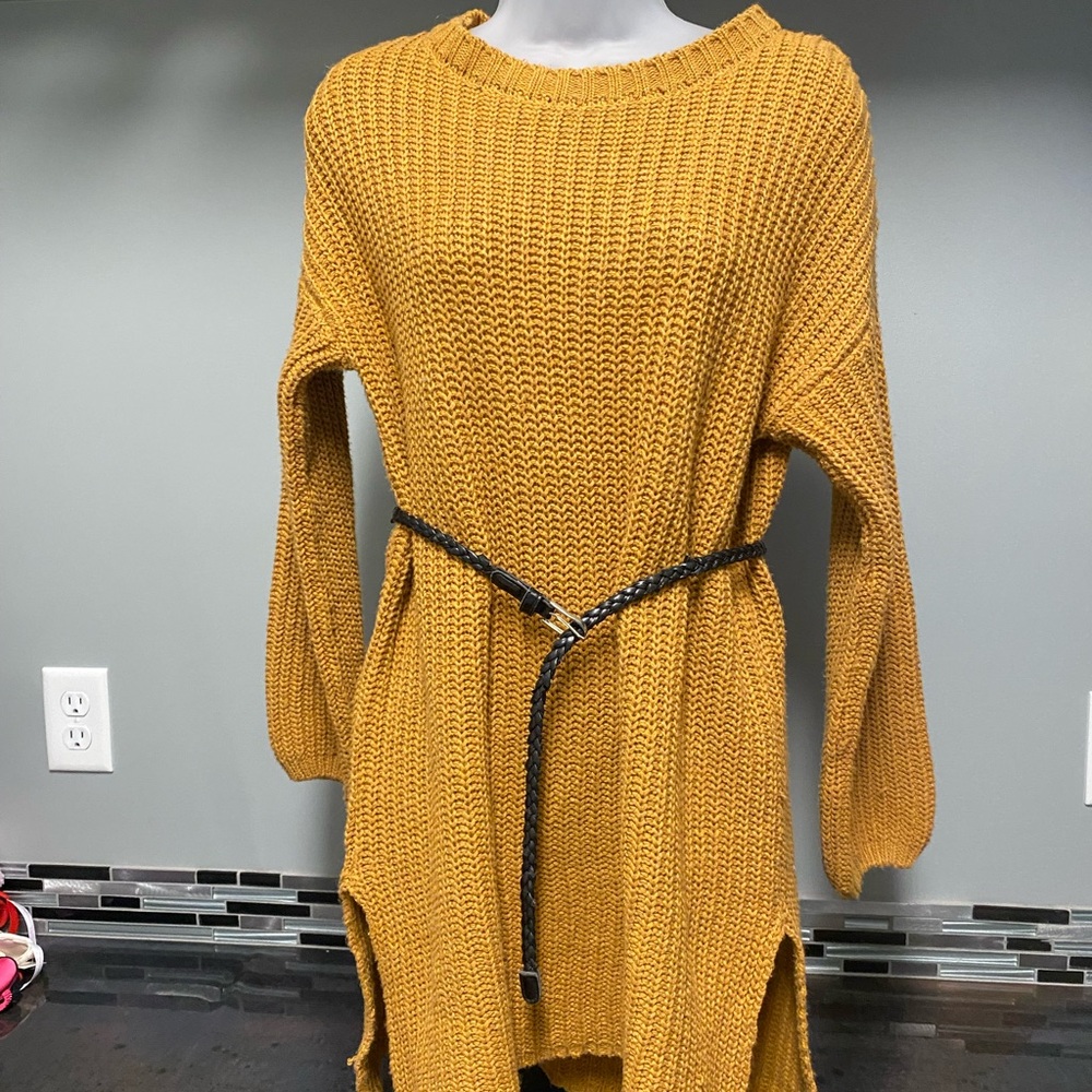 Mustard Knit Sweater Dress with Belt
